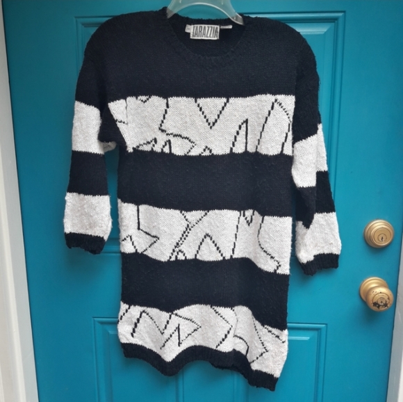 Vintage Chunky Knit Sweater Black and White Linen Cotton Sweater Sz ML - Picture 2 of 7